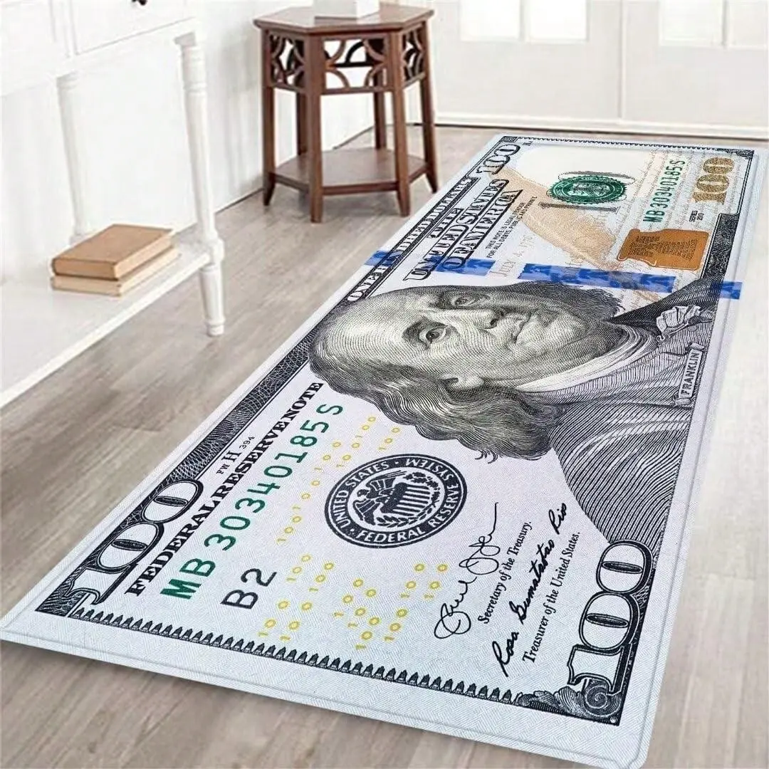 Currency Print Money Theme Area Rug, Polyester 100 Dollar Inspired Non-Slip Multi-Size Rug for Living Room, Fun Decor Entryway Carpet, One-Piece