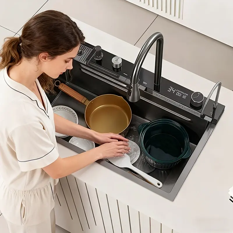 75×45cm Black Stainless Steel Smart Kitchen Sink With Digital Temperature Display, Honeycomb Scratch-Resistant Surface, Waterfall Faucet, Workstation Combo With Cutting Board, Cup Washer & All Accessories Included