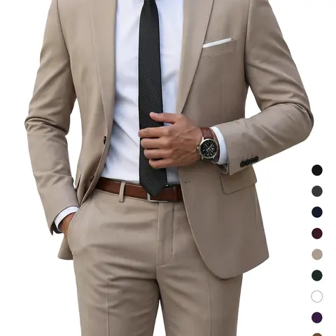 YND Men's Formal 2-Piece Suit Set - Classic Fit, 2-Button Long Sleeve Plain Tie Strap Tuxedo Jacket & Pants, Mens Clothing, Office Workwear, Evening Party Outfit