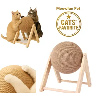 Handcrafted Sisal Cat Scratching Ball with Wooden Stand, Large Entertaining Grinding Paws Posts, Durable Natural Hemp Rope, Cat Mom's Choice
