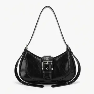 Black Y2K Shoulder Bag for Women Retro Crescent Hobo Purse Underarm Baguette Bag Adjustable Strap Vegan Leather Chic Street Style Crossbody Everyday Mini Handbag,YM97