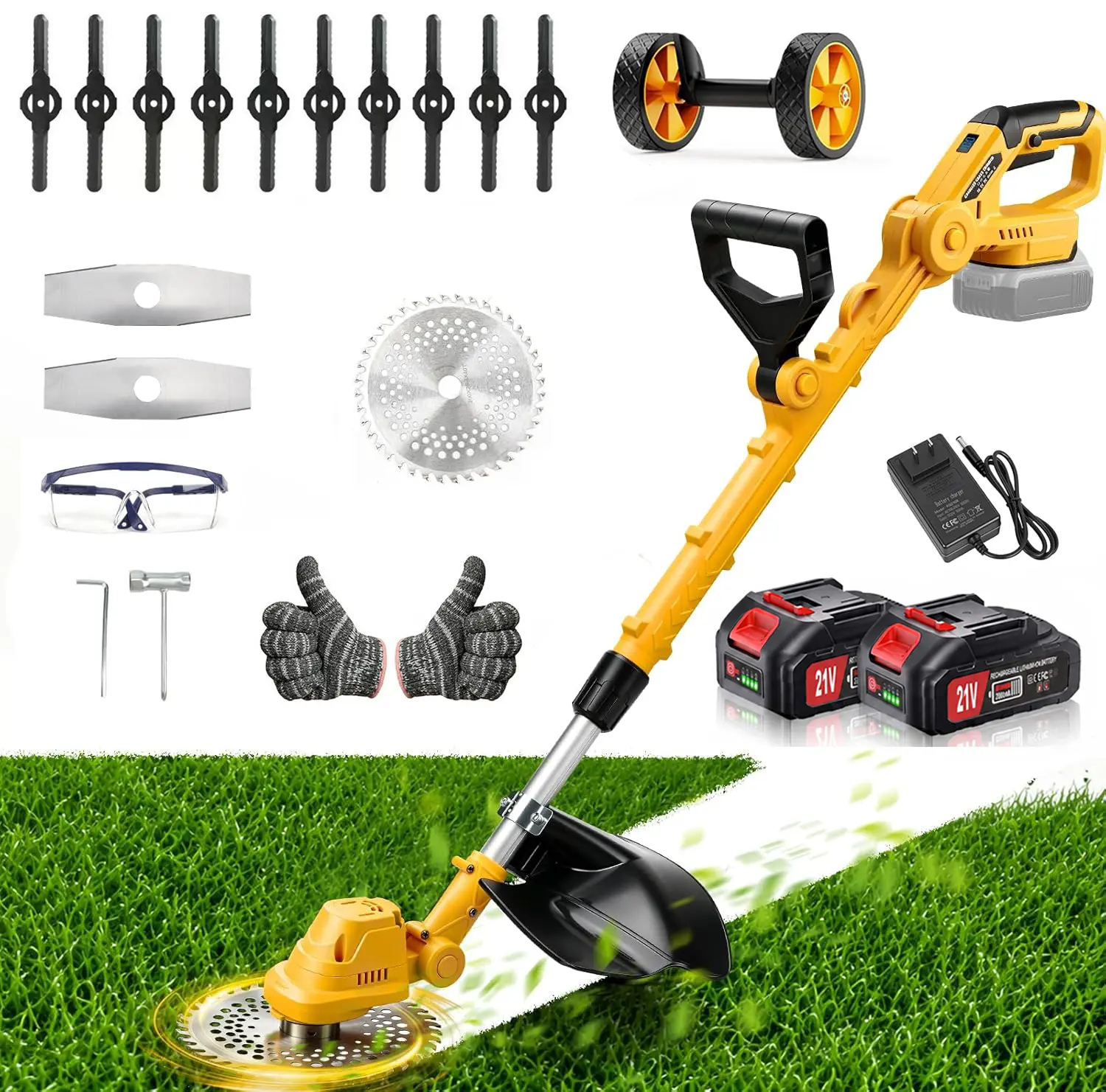 21V Wheeled Weed Wacker Set, 1 Battery or 2 Batteries Option, Battery Powered Weed Eater, Electric String Trimmer, Grass Trimmer & Lawn Edger 4-in-1, Lightweight Weed Trimmer for Lawn Garden
