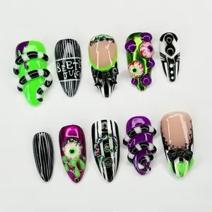 Handmade Beetlejuice Press On Nails | 3D Glow-in-the-Dark Green & Purple Stripe Nail Art Set | Gothic Horror Spooky Eyeball False Nails | Custom Reusable Fake Nails for Halloween Cosplay Party