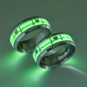 Titanium Steel Heartbeat Ring Glows in Dark EKG ECG Line Matching Couple Bands for Women Men Fashion Jewelry Anniversary Valentines Gift