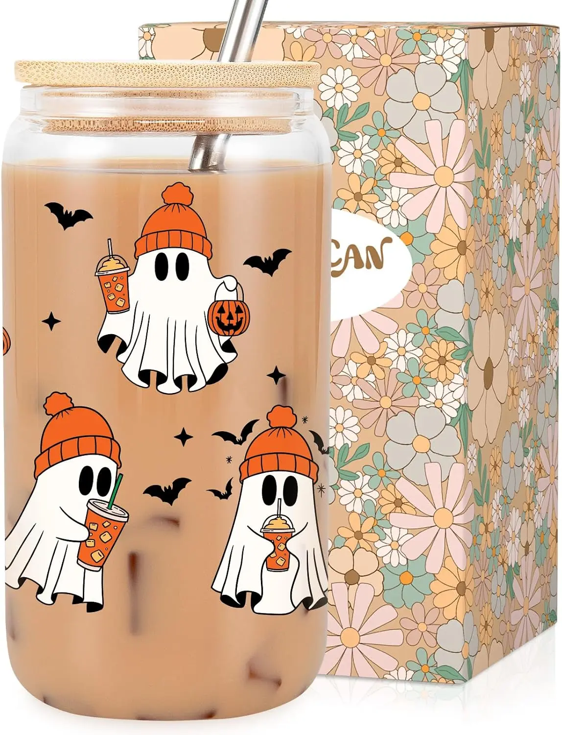 LEADO 16 oz Ghost Cup, Cute Halloween Cup - Halloween Birthday Gifts, Boo Basket Stuffers for Women, Men, Spooky Gifts for Teen Girls - Fall Glass Tumbler with Lid and Straw, Fall Iced Coffee Glass