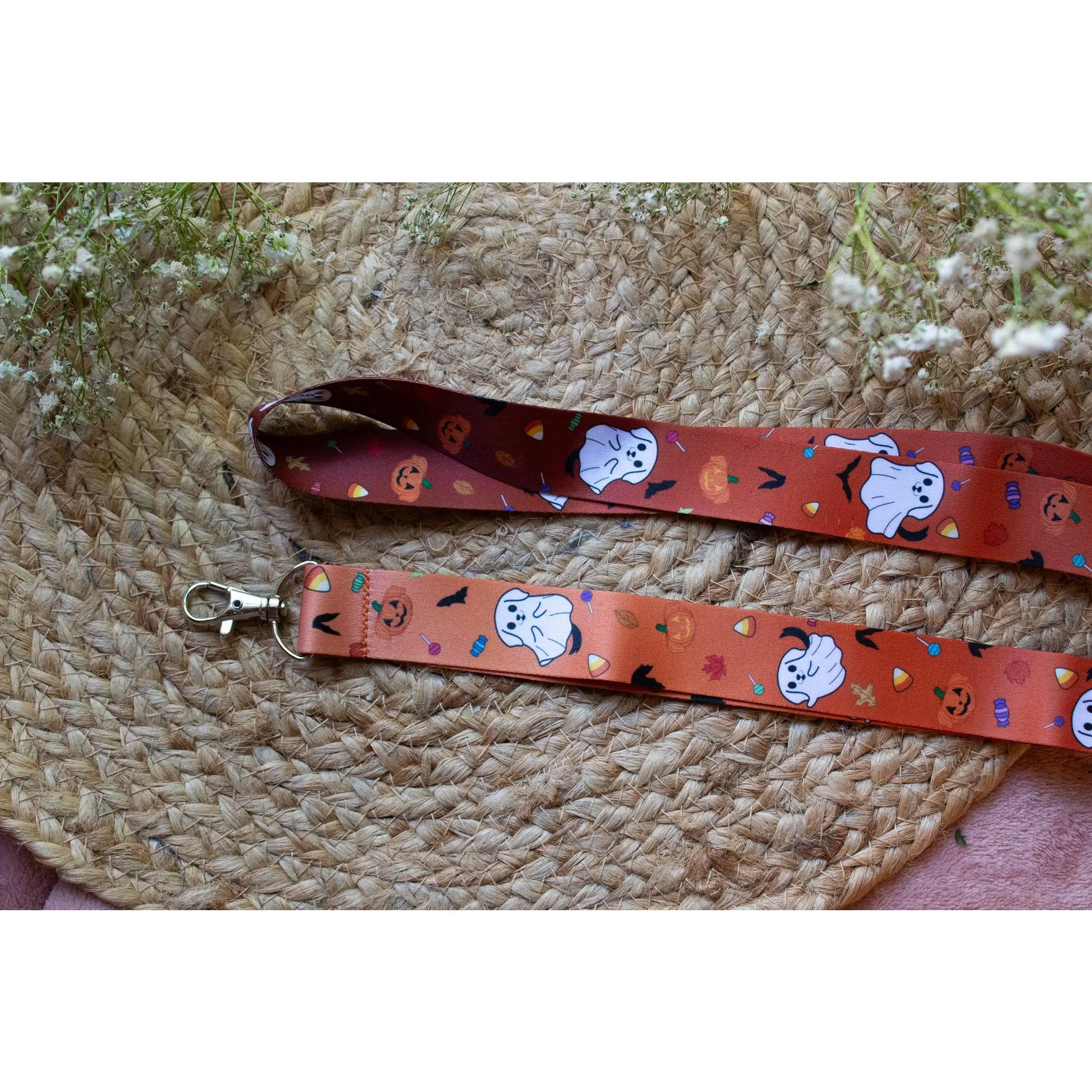 Spooky Ghost Dogs Lanyard | Orange | 1" Wide | Lobster Clasp