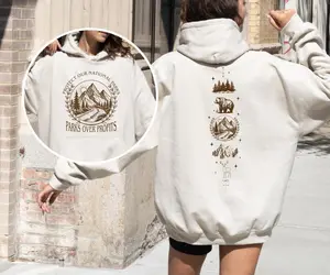 Protect Our National Parks Two Sided Sweatshirt And Hoodie, T-Shirt, Nature Lover Mountain Graphic Apparel, Gift For Hikers Outdoor Adventurers, Scenic Landscape Design, Environmental Awareness Outfit For Men And Women