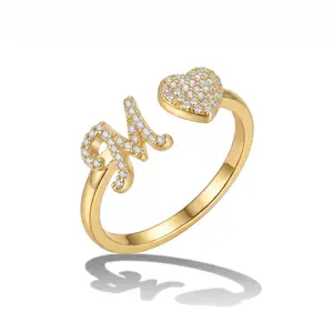 Custom Initial Heart Ring for Women Gold Plated CZ Paved Personalized Letter Open Ring, Adjustable Dainty Promise Ring for Birthday Anniversary Jewelry Gift (Suitable for Sizes 6-10)
