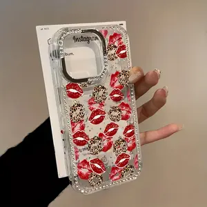 Leopard print and red lip design with rhinestones, transparent glitter frame and star pattern case, shockproof, sparkling protective case, suitable for iPhone 17, 16, 15, 14, 13, 12 and other series models, can be given as a gift to friends or family.