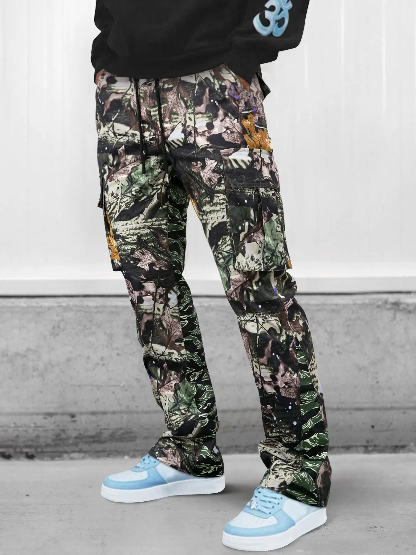 Unisex Men's All Over Print Pocket Tie Front Cargo Pants, Loose Street Fashion Elastic Waist Trousers for Daily Wear, Menswear Bottoms for All Seasons