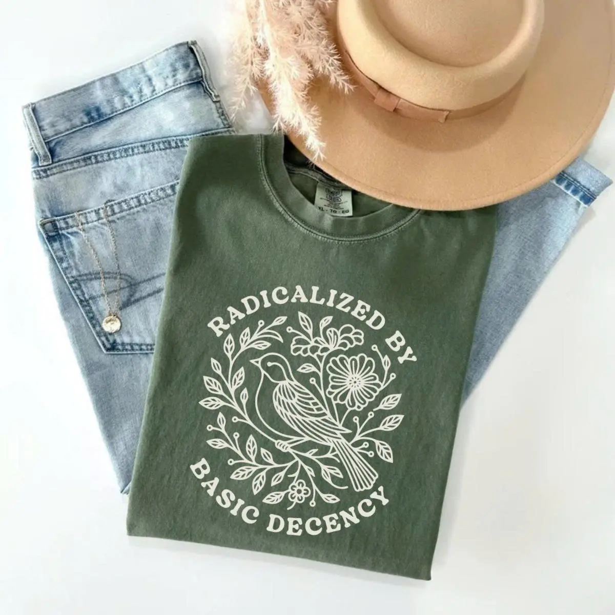 Comfort Colors Vintage Radicalized By Basic Decency T-Shirt, Floral Social Justice Tee, Pro Immigrants Human Rights flattering must have basics aesthetic elegant trending now street style essentials