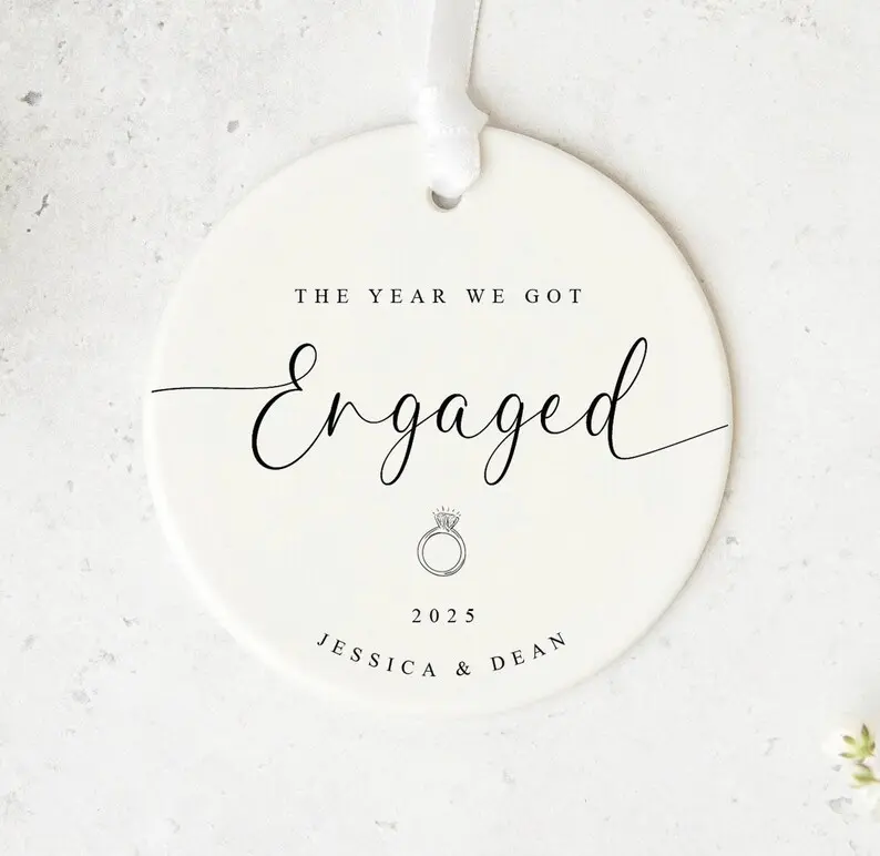 Personalized Engagement Ornament, The Year We Got Engaged Ornament, Custom Couple Christmas Ornament, 2 Sided Ceramic Keepsake, Engagement Gift for Fiance, Bridal Shower Gift