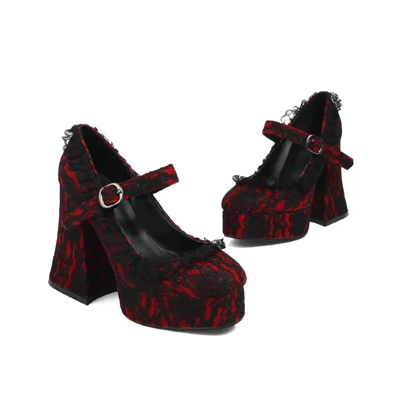 Women's Chunky High Heel Mary Janes Gothic Lolita Shoes Pumps Lace Flower Gothic Heels Cosplay Platform Shoes