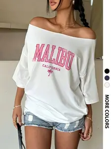 Women's Summer Short Sleeve Asymmetrical Shoulder Top, Casual Comfortable Malibu Coconut Tree Print, Essential Wardrobe Must-Have