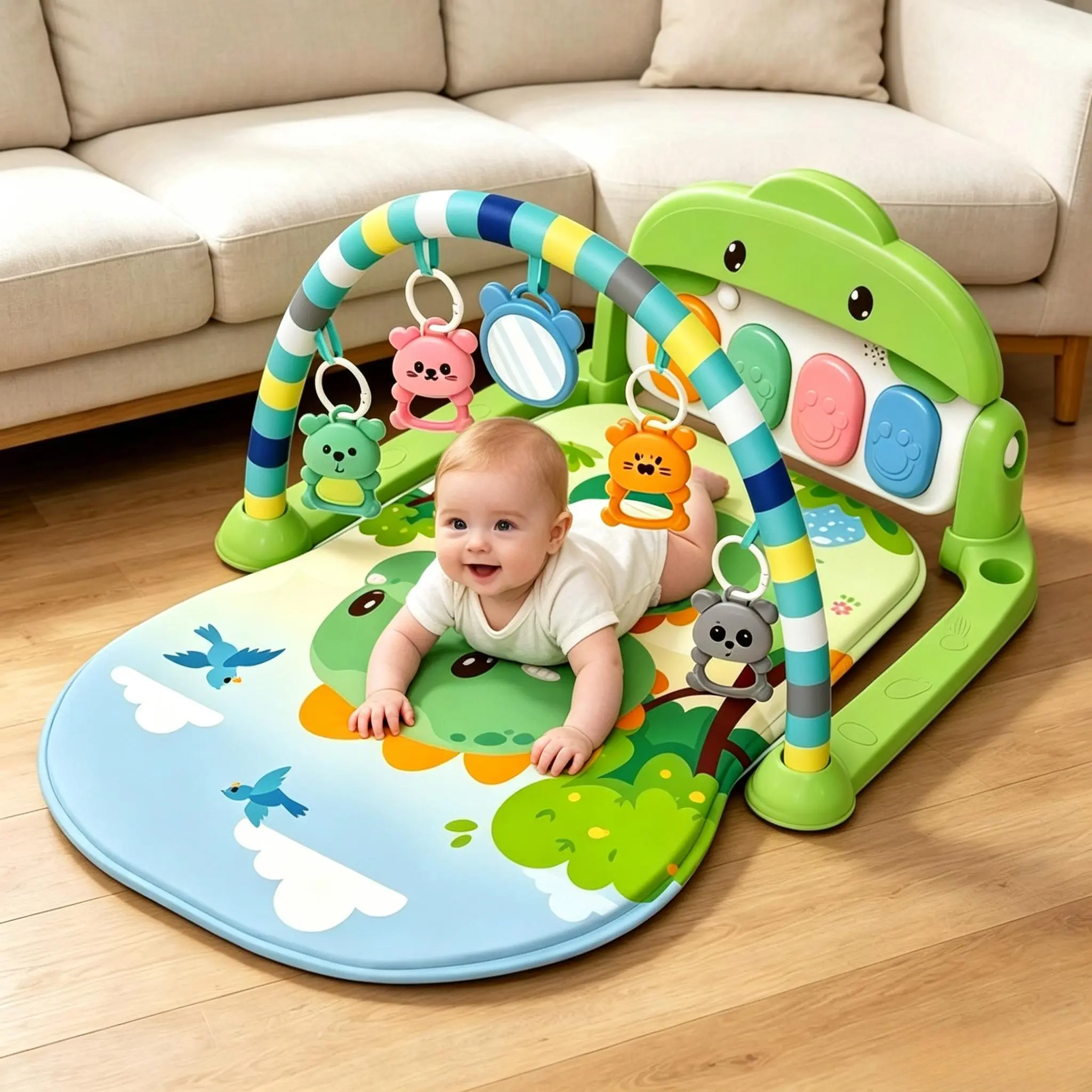 1 piece green crocodile cartoon baby play mat piano fitness frame, crawling pad, fresh macaron forest theme, mom-and-baby style, thickened, skin-friendly, arched hanging bracket in multiple colors, sensory toy music light