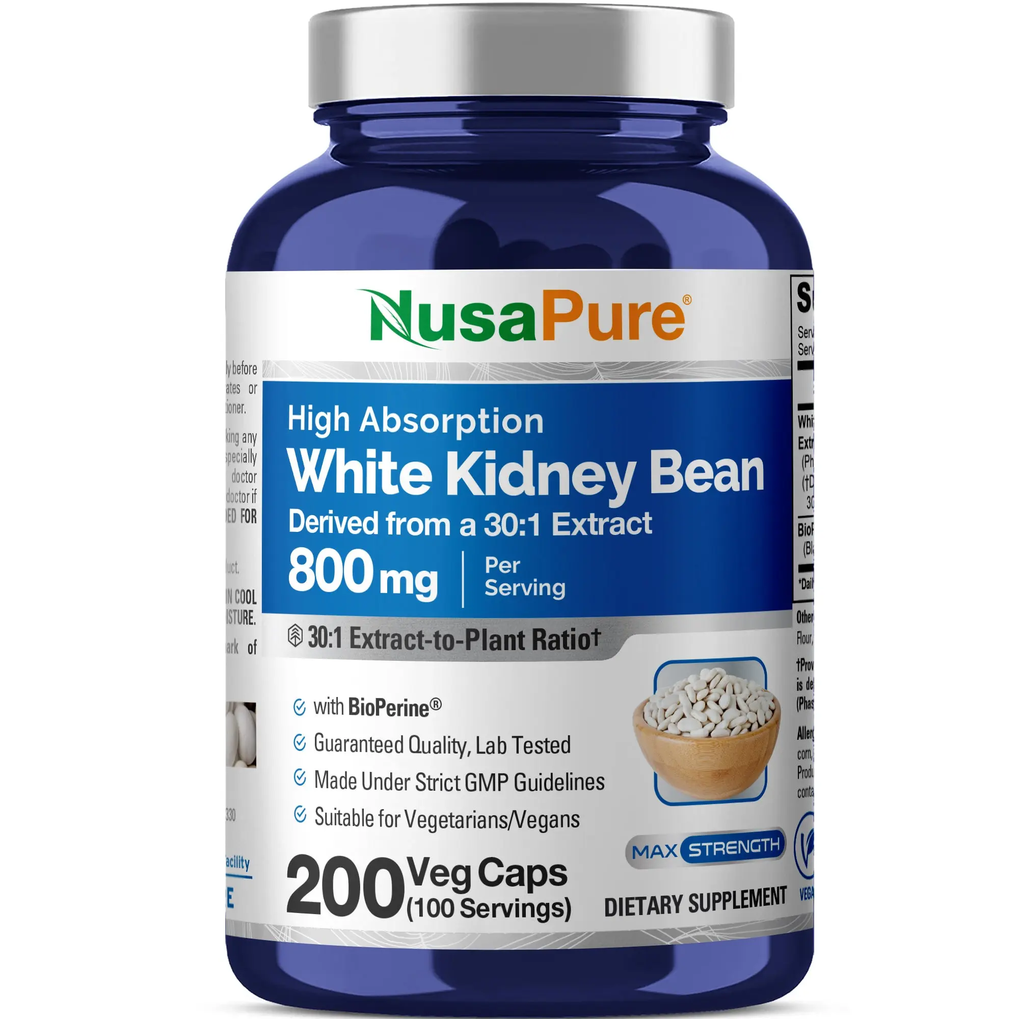 NusaPure Natural White Kidney Beans 30:1 Extract Dietary Supplement - 800mg Calorie Control Vegan Capsules, 200 Count with Bioperine, GMP-Certified, Non-GMO Vitamins & Wellness Supplement