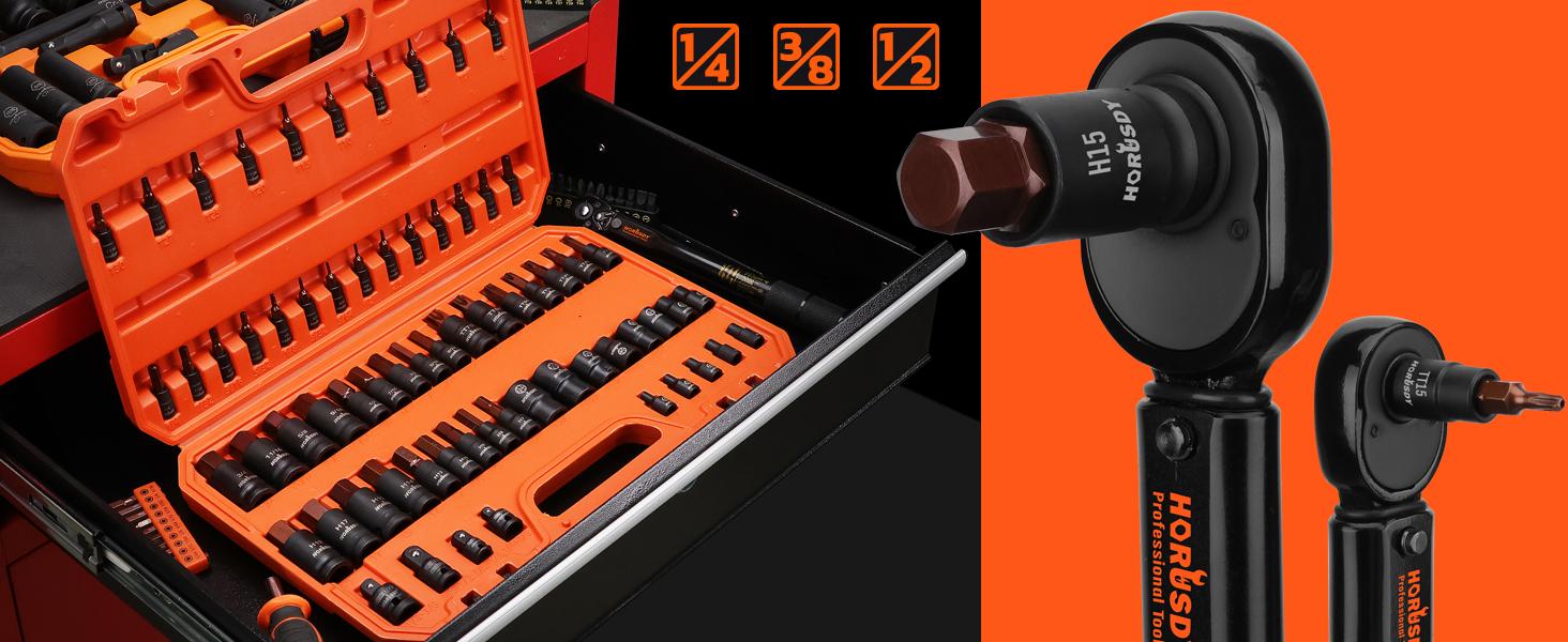 HORUSDY 66-Piece Allen Socket Set - Torx Bit Socket and Female External Socket Set, S2 Steel Socket SAE and MM - Star Star Bits (T8- T70) and Female E-Torx Sockets (E4-E24) | 4 Impact Socket Adapter multifunctional toolbox HORUSDY 66-Piece Allen Socket Set - Torx Bit Socket and Female External Socket Set, S2 Steel Socket SAE and MM - Star Star Bits (T8- T70) and Female E-Torx Sockets (E4-E24) | 4 Impact Socket Adapter multifunctional toolbox