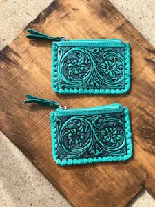 Turquoise Floral Cowhide Leather Coin Pouch - 100% Genuine Leather, Scratchproof, Perfect for Holding Coins and Cards