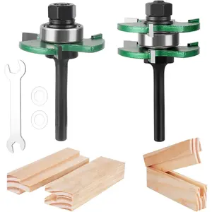 Pro Tongue and Groove Set of 2 Pieces 1/4 Inch Shank Router Bit Set 3 Teeth Adjustable T Shape Wood Milling Cutter
