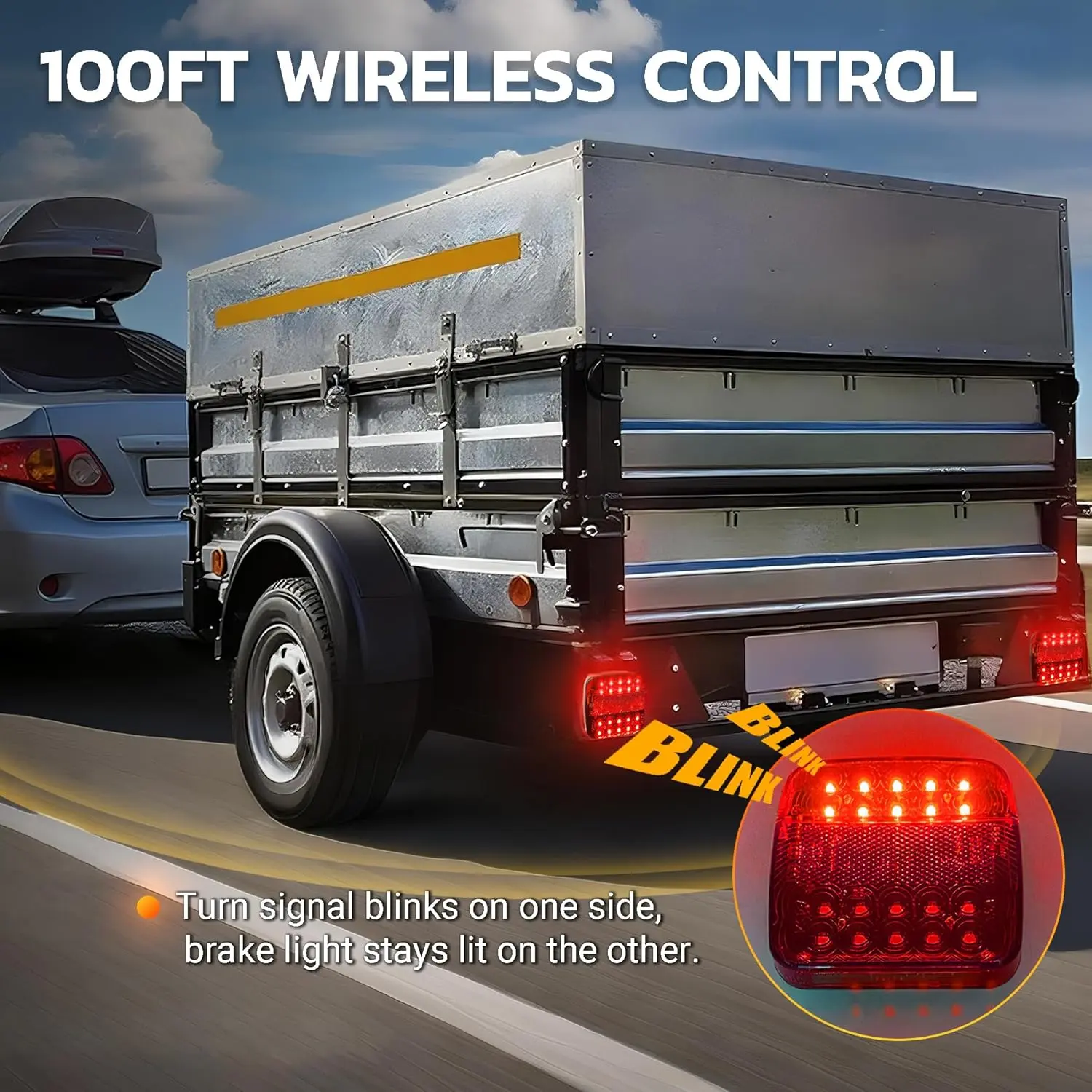 Magnetic Rechargeable Wireless LED Trailer Lights Kit - IP65 Waterproof Vehicle Exterior Lights with Turn Signal Blinks on 1 Side for Truck, Boat, RV, Turn Signal Blinks On One Side