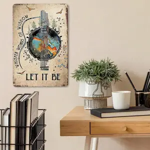 "Let It Be" Guitar Tin Sign – Vintage Music Wall Decor| 8*12 Inch Metal Plaque with "Whisper Words of Wisdom" Graphic| Unisex Tinplate Sign for Men & Women| Retro Guitar Art for Bedroom, Studio, Bar, Café Homedecor Rock