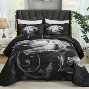 Black Set Queen Size, 3 Pieces Rose Floral Set Botanical Bedspread with 2 Pillow Shams Bedding Set, Soft Micorfiber Lightweight Coverlet for All Season (90"x96")