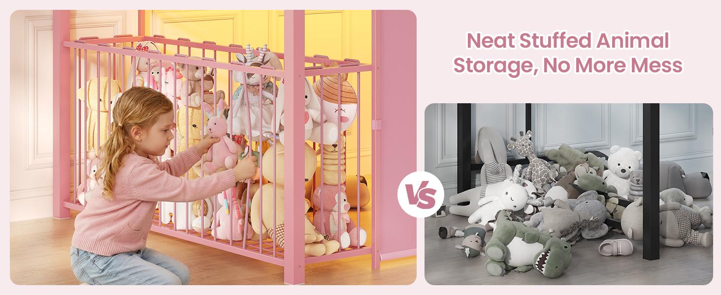Loft Bed Twin Size with 6 Drawers, LED Lights & Stuffed Animal Storage, Metal House Loft Bed with 13” Safety Guardrail & Inclined Ladder, Twin Low Loft Bed Frame with Play Curtain, Under-Bed Play Space, Pink