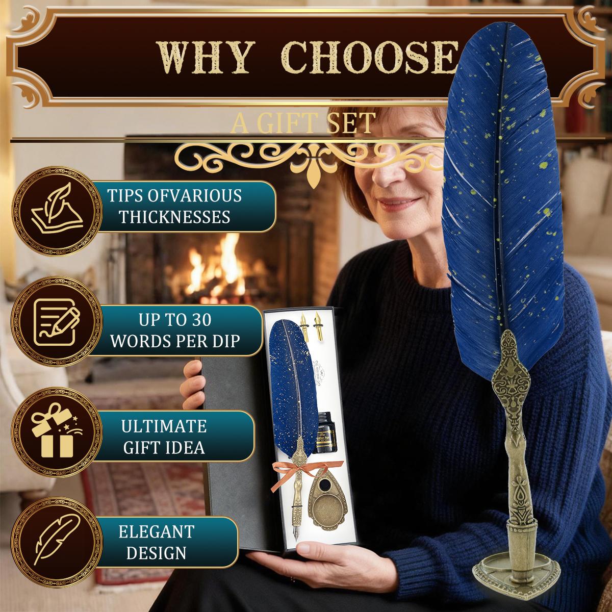 Vintage Feather Pen and Ink Set, Classic Goose Quill Pen with Carving Stand, Calligraphy Nibs & Black Dip Ink, Perfect Graduation Gift for Students Writers Artists