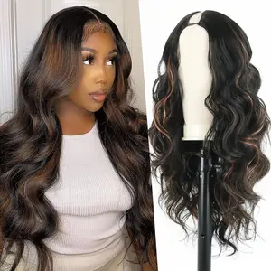 AUVZY Long V Part Body Wavy Wig Upgrade U Part Synthetic Water Wavy Wigs for Black Women Full Head Clip In Hair Glueless Synthetic Wigs