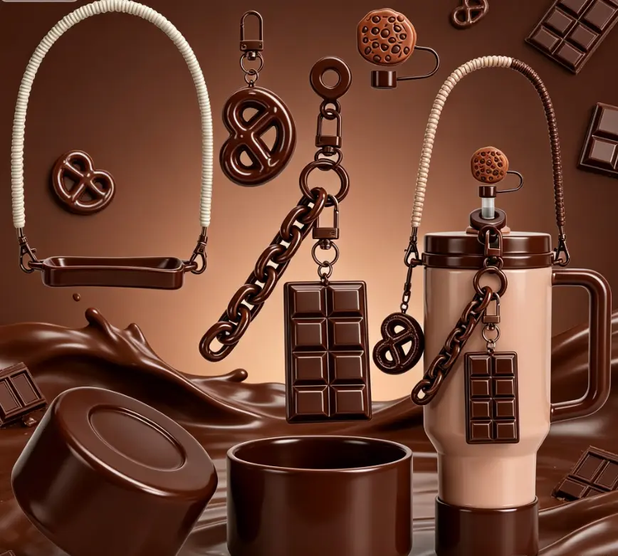 6-Piece Durable Chocolate Theme Aesthetic Drinkware Accessories Set - Pretzel, Chocolate Bar, Cookie Designs, Silicone Cover, Straw for 30-40oz Cups, Mugs, Cute Kitchenware Tumbler Add-Ons (Great for Birthdays)