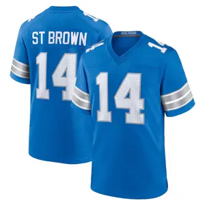 Detroit St. Brown 14 Blue/Black/White Football Team Player Game Jerseys, Stitched Sports T-shirts Top for Men Women Youth Boys Girls