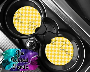 Cute Car Coasters Set of 2 Yellow Checkered Print Retro Cute Car Truck Accessories Deor Cup Holder New Car Gift Car Decoration Women Men Girl Car