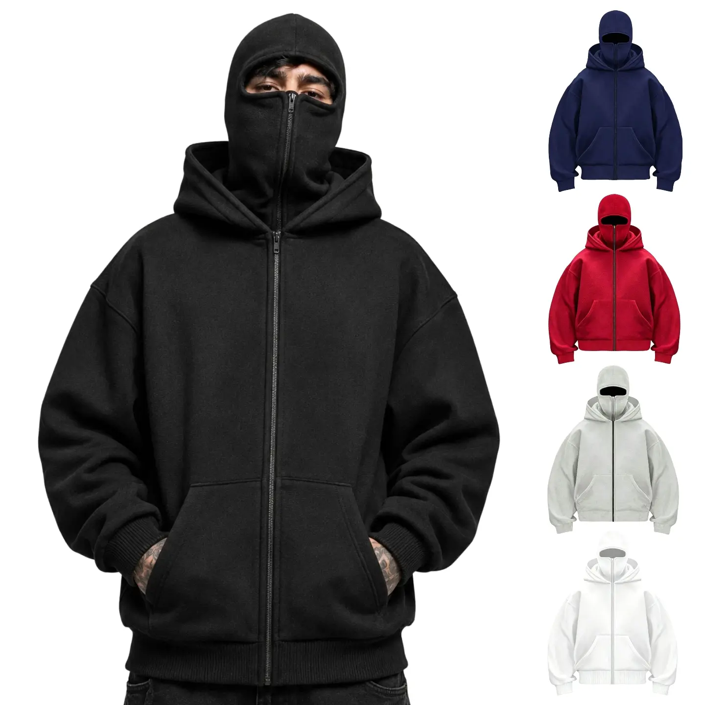 Men's Balaclava Double Hood Zip Up Hoodie, Oversized Full Face Mask Sweatshirt, Techwear Streetwear Top for Fall Winter Outdoor Casual Wear