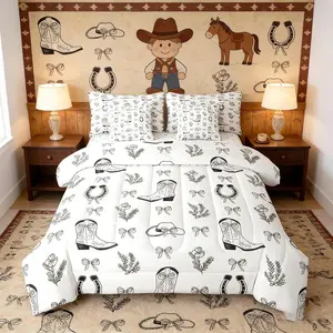 7 Pieces Western Comforter Set,Cute Bows Cowboy Boots Hats Bedding Set,Cartoon Black Bowknot Horseshoes Bed in A Bag with Comforter,Sheets and Pillowcases,Kids Girls Women Room Decor