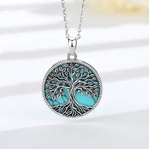 Exquisite 925 Sterling Silver Tree of Life Turquoise Pendant Necklace