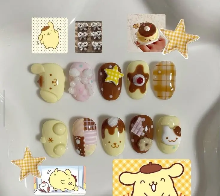 OPompompurinin Press On Nails | 3D Pudding Bow Dessert Brown Yellow Sanrio Kawaii Handmade Nail Art with Gift Set (Adhesive Tabs, Nail File, Cuticle Stick) | Reusable Fake Nails