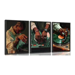 3pcs/set Unframed Hip Hop Black Man and Green Vinyl Record Poster Music Turntable DJ Fashion Canvas Painting Wall Art for Living Room Home Decor