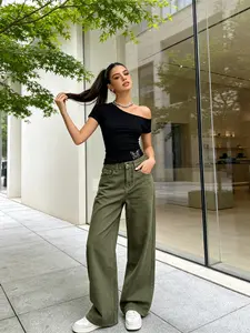 Army Green Butterfly Print Wide Leg Jeans, Vintage Washed Baggy Denim Pants, High Waisted Straight Leg Trousers, Y2K Streetwear Cargo Pants for Women, Casual Loose Fit Jeans for Daily & Retro Outfits