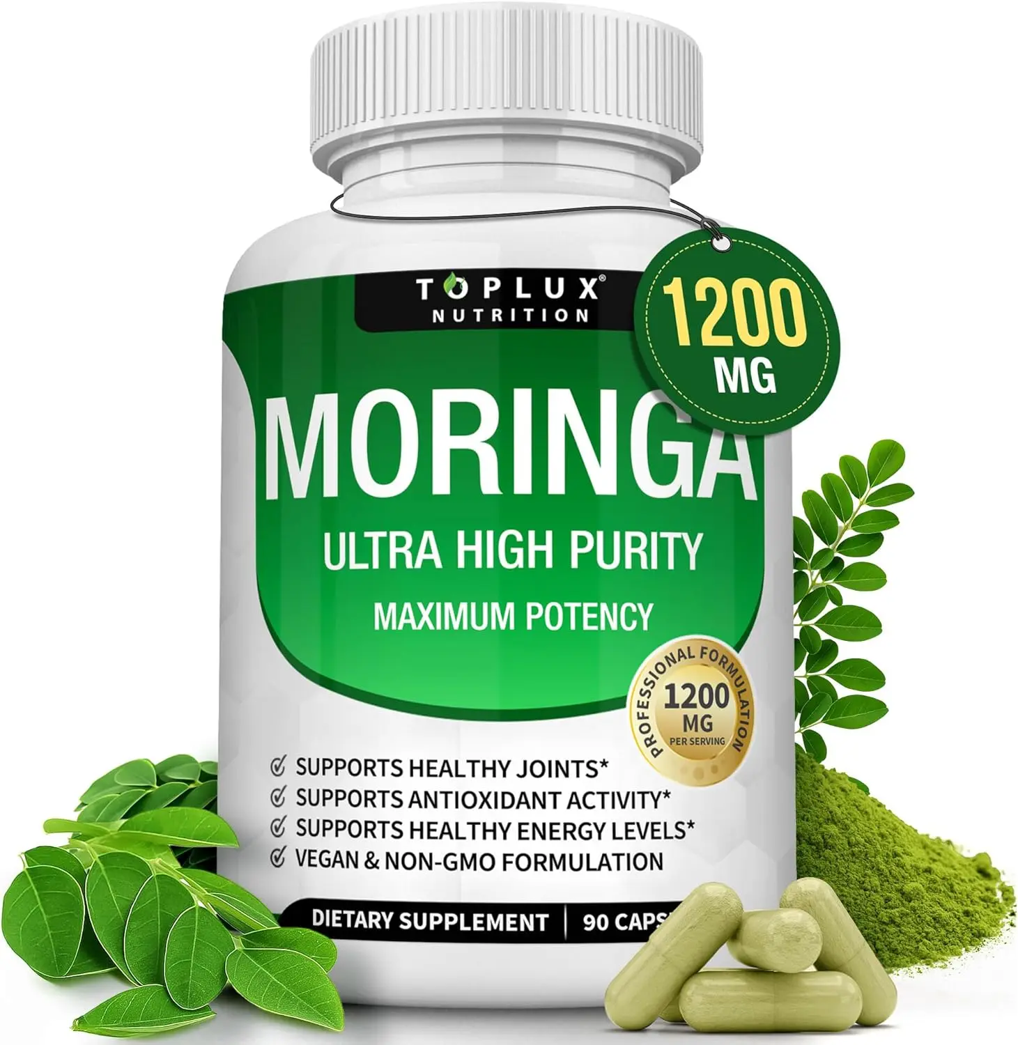 Toplux Moringa Capsules 1200mg – Pure Moringa Powder High Potency Leaf Extract Green Superfood Rich in Antioxidant, for Energy & Immune Support, Vegan Non-GMO 90 Capsules
