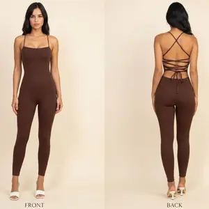 Vyxen Women's Backless Lace-Up Jumpsuit, Criss Cross Strappy Open Back Catsuit, Spaghetti Strap Bodycon Legging Jumpsuit, Sexy Going Out One Piece Outfit, Summer Party Jumpsuit in Black Burgundy Coffee
