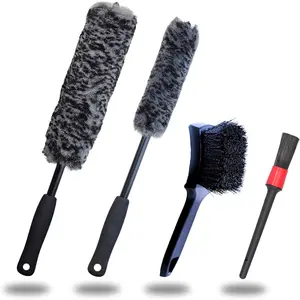 Refined Long Handle  Wheel Brush Arsenal, Soft Wheel and Rim Brush,Tire Brush, Bendable & Durable  Wheel Rim Cleaner Brush Set for Cleaning Wheel and Tire, Large, Grey & Black