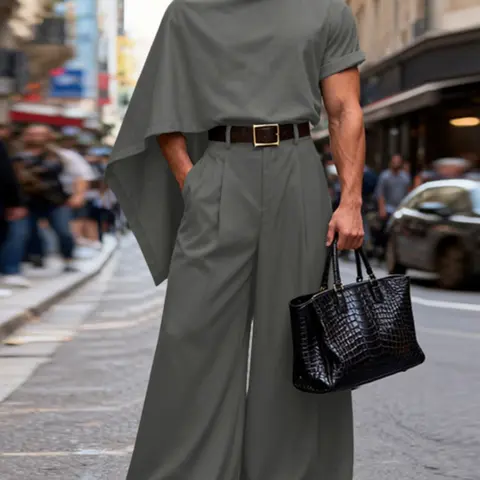 INCERUN Men's Fashion Simple Solid Color Deconstructed Shawl Short Sleeve Top + Long Pants Two-Piece Set, Fitted Set Outfit, Casual Daily Wear, Stylish and Comfortable, Menswear Suits