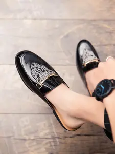 New Men's Tiger Head Embroidered Mule Slippers, Glossy/ Leather Option, Metal Buckle Decoration, Low Heel Anti-Slip Sole