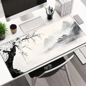 1pc ink plum blossom mouse pad, oversized rubber keyboard pad, non-slip rubber base stitched edges, computer office game mouse pad, portable desktop accessories, suitable for office, home, study and games bath mat