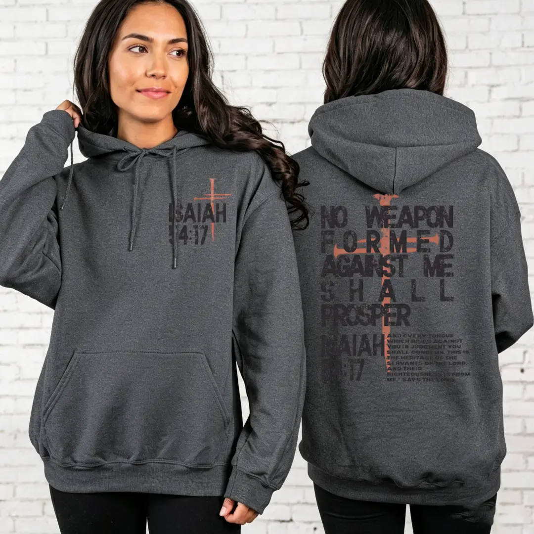 Women No Weapon Formed Against Me Shall Prosper Isaiah 54:17 Front Back Cross Graphic Hoodie Christian Faith Oversized Pullover Sweatshirt