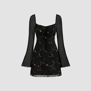 Womenswear Casual Mesh Sweetheart Neckline Floral Mini Dresses for Women, 2 Colors, Size 0-26