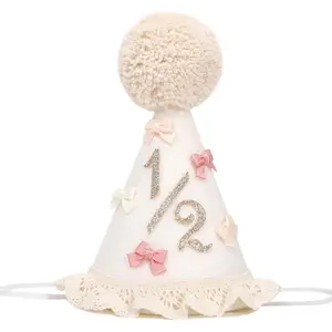 F-HDW21  Bow Half Birthday Hat for Girls – Boho 1/2 Birthday Crown, Baby Girl Pink Party Hat, Half Way to One Bday Decorations, Cake Smash Outfit