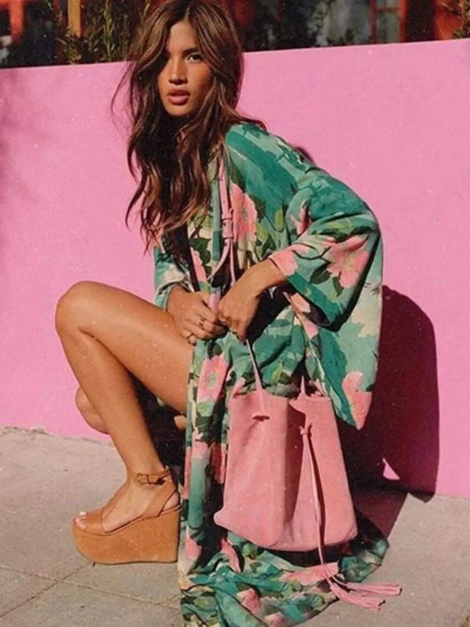 Floral Boho Long Kimono Duster Coverup Robe Beach Cover Up, Festival Clothing, Beach Kimono, Festival Kimono, Kaftan gift