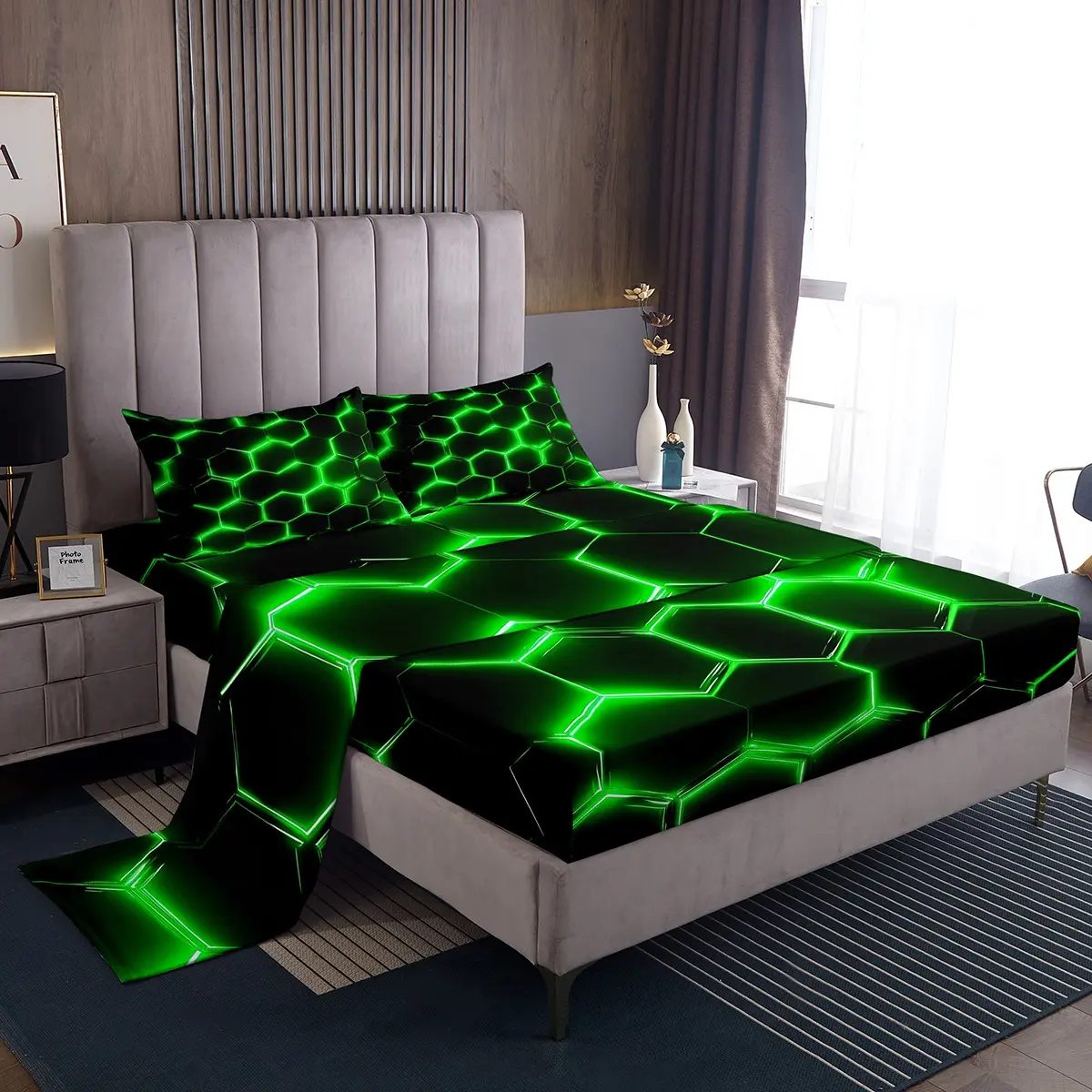 Feelyou Honeycomb Bed Sheet Set - Green Neon Hexagon-Themed Design, Chic, Easy-Care, Lightweight, Breathable Bedding Sheets, Bed Sheets