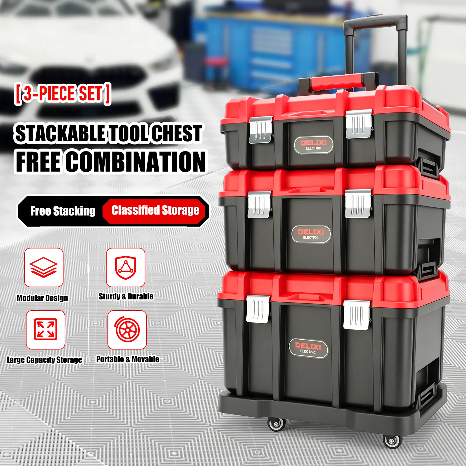 17-in Lockable 3-Tier Floor-Standing Tool Box, Plastic Modular Tool Organizer with Non-Slip Handle, Lockable Compartments for Home Maintenance & Professional Use